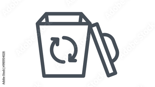 Minimalist black vector icon of an open recycling bin with a circular arrow symbol on the front and a lid leaning against the side, representing waste management and environmental sustainability.