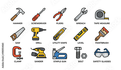 Essential hand tools collection: hammer, screwdriver, pliers, wrench, tape measure, saw