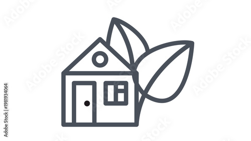 Minimalist black line art vector illustration of an eco-friendly house with two large leaves, symbolizing sustainable living, green architecture, environmental conservation, and nature-friendly home.