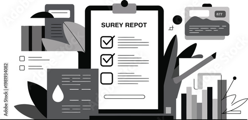 Clipboard with survey report checklist and financial bar charts for professional business data analysis and monitoring