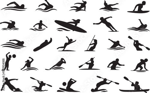 Collection of black silhouettes of people participating in water sports isolated on white background