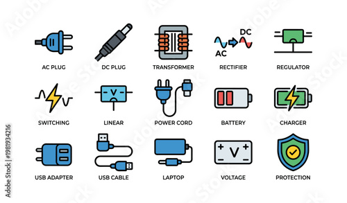 Various electrical components and symbols - ac plug, battery, transformer, charger, protection