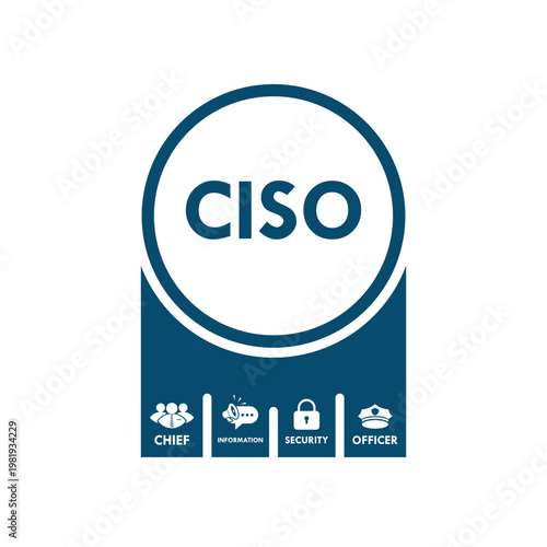CISO Chief Information Security Officer infographic with icons for leadership, communication, protection, and authority. Professional cyber security management concept for business.