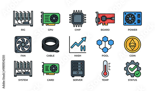 Cryptocurrency mining equipment icons: rig, gpu, chip, board, power