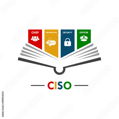 CISO Chief Information Security Officer infographic with icons for leadership, communication, protection, and authority. Professional cyber security management concept for business.