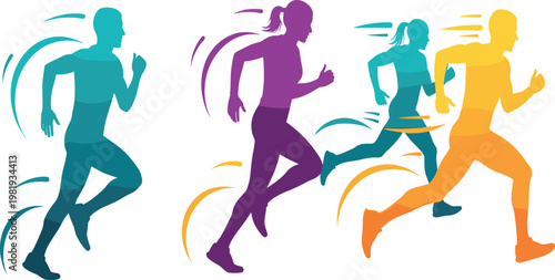 Colorful Running Athletes Illustration with Dynamic Motion Effects, Male and Female Runners, Fitness Training Concept, Modern Gradient Sport Vector Design.
