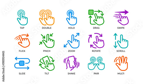 Touchscreen gestures icons: tap swipe flick zoom rotate scroll slide