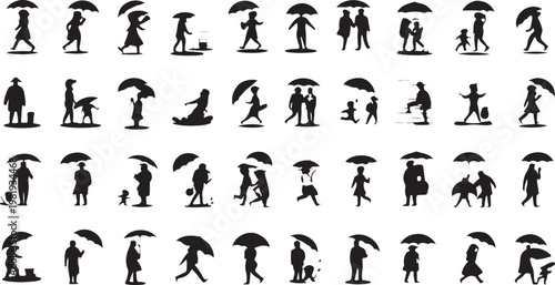 A collection of silhouettes of people walking with umbrellas isolated on white background