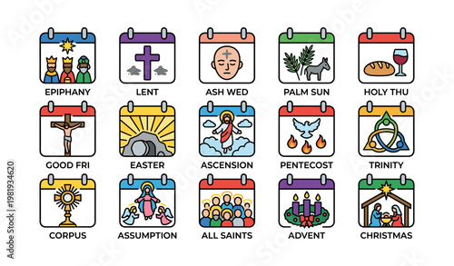 Christian holidays and observances icons calendar: epiphany, lent, easter, christmas