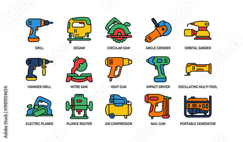 Collection of colorful power tools with names illustrated in flat design