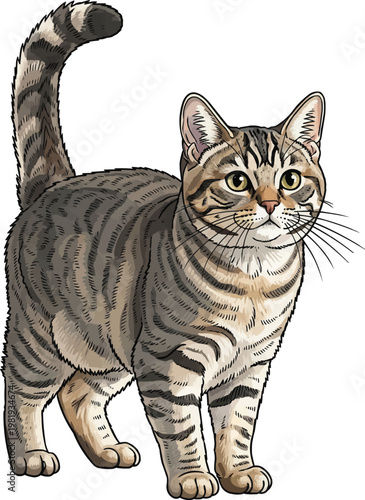 Brazilian Shorthair cat sitting attentive tail raised illustration