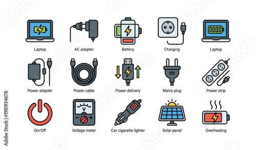 Electronics icons: laptop, adapter, battery, charger, plug, solar panel