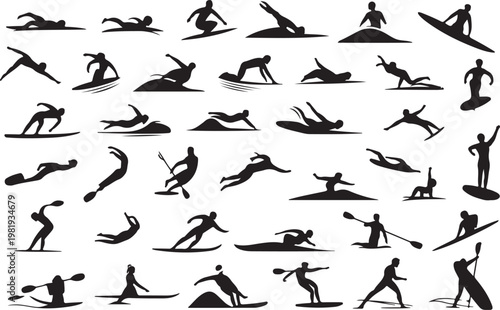 Silhouette of people surfing and paddle boarding isolated on white background