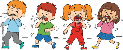 Sad Children Illustrations Set Featuring Different Poses and Expressions for Emotion and Childhood Design