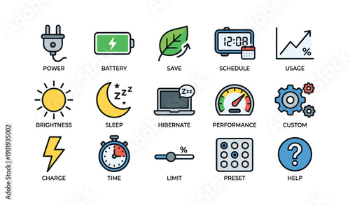 Energy and device management icons set: power, battery, schedule, performance, help