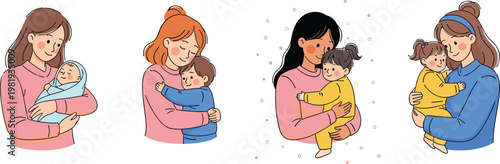 Mother and Child Loving Moments in Cartoon Style, Illustrations Featuring Hugging, Cuddling, and Bonding for Parenting, Family, and Emotional Themes