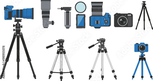 Photography Camera and Tripod Set with Lenses, Filters, and Accessories for Camera Gear, Photography, and Studio Illustrations