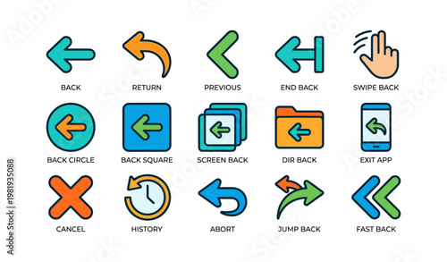 Colorful navigation icons set: arrows gestures directions in technology design