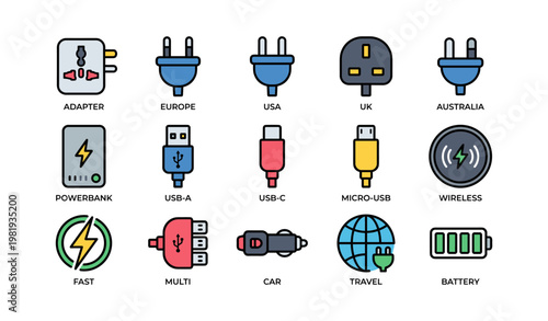Global power plugs and charging icons: adapter, usb, wireless, battery, car charger