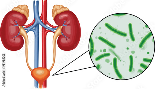Human Urinary System Illustration Featuring Kidneys, Ureters, and Bladder with Close-Up of Bacteria for Medical and Health Concepts