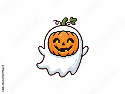 Cute Ghost Wearing Pumpkin Mask Halloween Vector Illustration