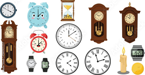 Various Timepieces Collection, Including Alarm Clocks, Cuckoo Clocks, Watches, Hourglasses, and Candle Clocks for Time Management and Vintage Decor
