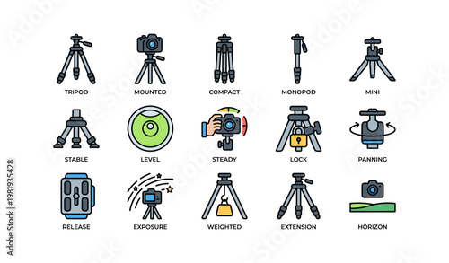 Camera tripod icons featuring types and functions in colorful design