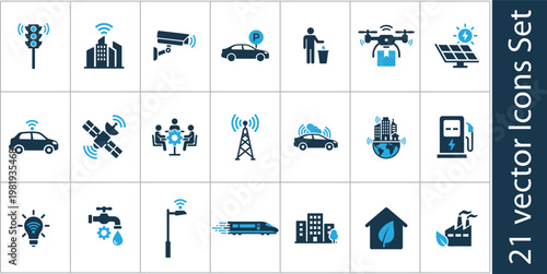 Smart City Infrastructure Vector Icon Set for Urban Technology and Innovation Concepts