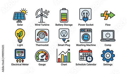 Renewable energy and home appliance icons featuring solar power and smart technology