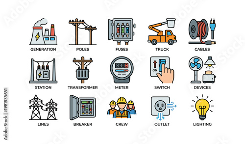 Colorful electrical icons set featuring equipment and workers