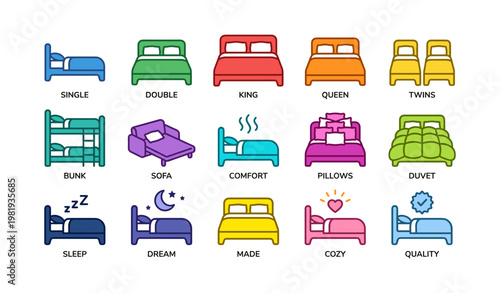 Colorful bed types and styles collection with icons for bedroom design inspiration