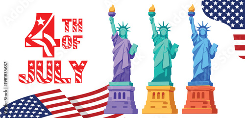 Happy 4th of july text with colorful statues of liberty and american flag banner for patriotic celebrations invitations and festive holiday designs