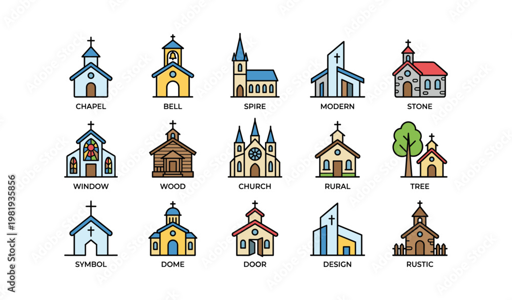 Fototapeta premium Various church designs with architectural elements and styles