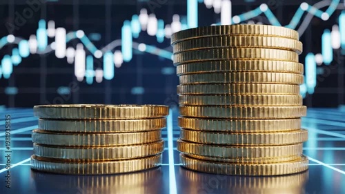 Digital financial growth and investment trends showcased through stacked coins and fluctuating stock graphs