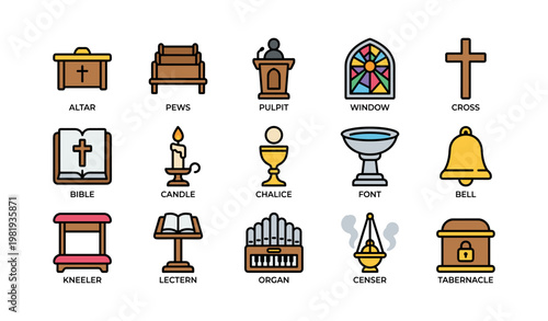 Christian church symbols: altar, pews, pulpit, stained glass, cross, bible, candle, bell, organ