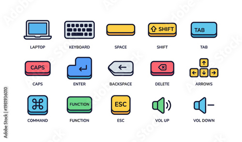 Colorful computer keyboard icon set featuring various functional keys