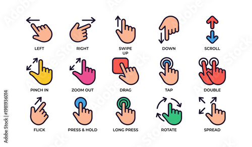 Colorful gesture icons illustrating common touch screen interactions