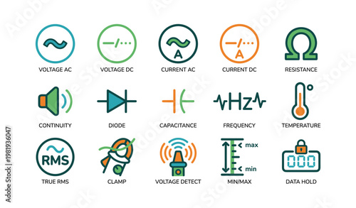 Electrical symbols: voltage, current, resistance, continuity, diode, capacitance, frequency, temperature
