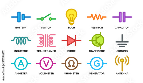 Set of electrical and electronic component symbols for circuit diagrams