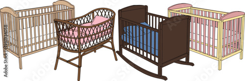 Wooden Baby Cribs and Rocking Bassinets Set with Soft Bedding for Nursery, Baby Room Furniture, and Infant Bedding Designs
