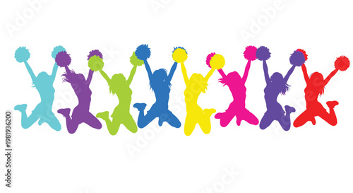Diverse group of vibrant female silhouettes energetically jumping with colorful pom-poms, symbolizing celebration, teamwork, and joy.