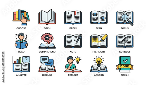 Sixteen icons illustrating reading and learning stages with diverse actions and symbols
