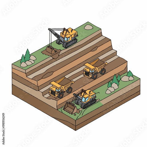 Illustration of a quarry operation with excavators and dump trucks extracting and transporting materials.