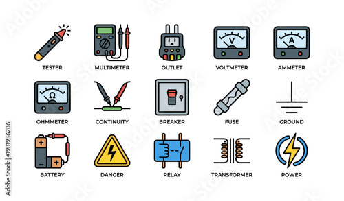 Electrical tools and symbols: tester, multimeter, voltmeters, battery, fuse, transformer, power
