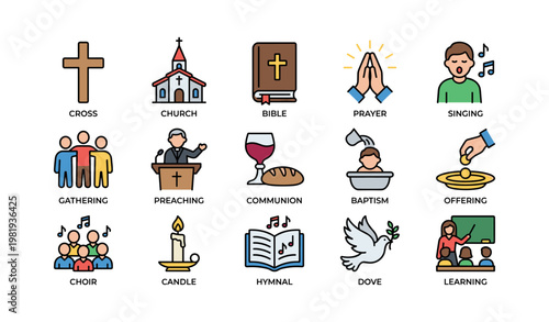 Colorful religious symbols including church, bible, communion, prayer, choir, hymnal, dove, candle