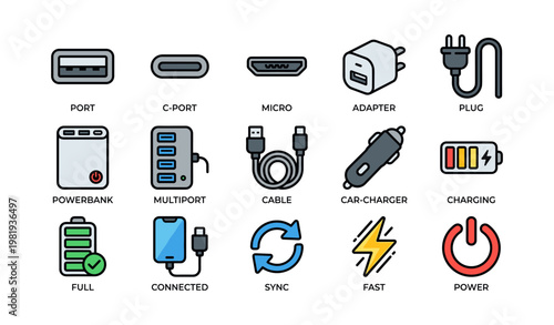 Colorful icons of charging and connectivity devices: adapter, powerbank, plug, usb cable, charger