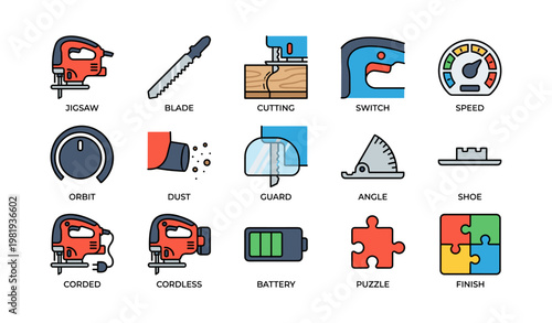 Power tools and accessories icon set featuring jigsaw cordless battery and puzzle pieces
