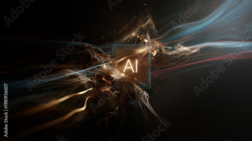 Dark background. Flowing digital tech background with the words AI. A futuristic design representing AI technology