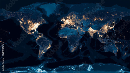 Satellite night lights map of the world and earth showing gas flaring sites and intense flares revealing true geography at night