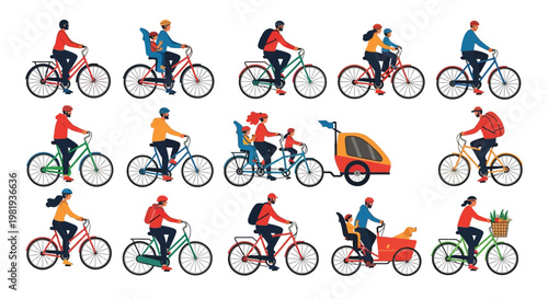 A diverse group of people and families actively cycling different types of bicycles for various purposes.
